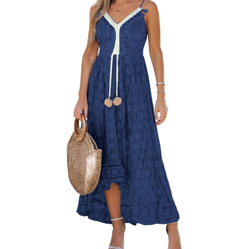 CUPSHE Navy Lace Maxi Dress with Contrast Trim